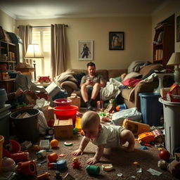 A dramatic scene depicting the theme of irresponsibility in parenting, featuring a chaotic and messy living room strewn with children's toys, overflowing trash bins, and an unattended baby crawling on the floor