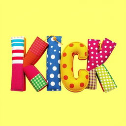 A vibrant, 2D representation of the word 'KICK', artistically styled with a texture that mimics cloth being sewn together with thread