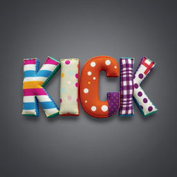 A vibrant, 2D art style representation of the word 'KICK', artistically styled with a texture that mimics cloth being sewn together with thread