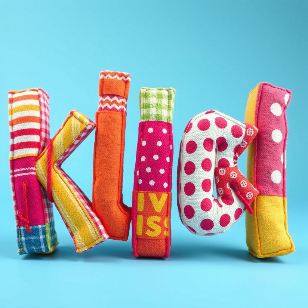 A vibrant, 2D art style representation of the word 'KICK', artistically styled with a texture that mimics cloth being sewn together with thread