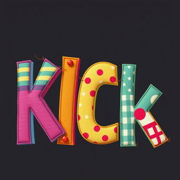 A vibrant, 2D art style representation of the word 'KICK', artistically styled with a texture that mimics cloth being sewn together with thread