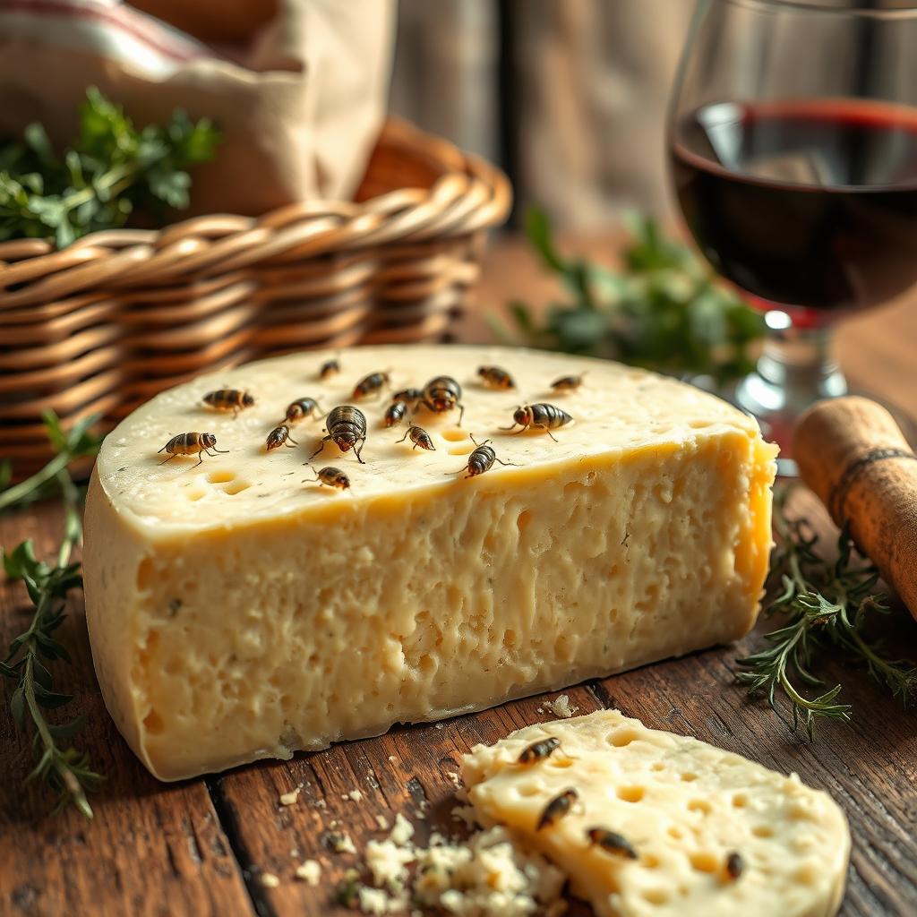 A close-up view of Casu Marzu, the famous Sardinian cheese known for its unique appearance with live cheese fly larvae visible on its surface