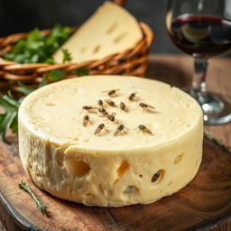 A close-up view of Casu Marzu, the famous Sardinian cheese known for its unique appearance with live cheese fly larvae visible on its surface