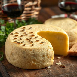 A close-up view of Casu Marzu, the famous Sardinian cheese known for its unique appearance with live cheese fly larvae visible on its surface