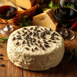 A close-up view of Casu Marzu, the famous Sardinian cheese known for its unique appearance with live cheese fly larvae visible on its surface