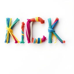 A creative 2D representation of the word 'KICK' crafted entirely from colorful threads