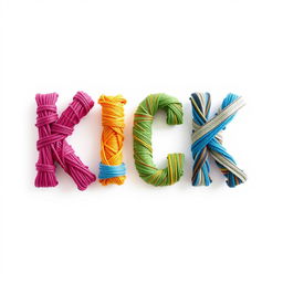 A creative 2D representation of the word 'KICK' crafted entirely from colorful threads