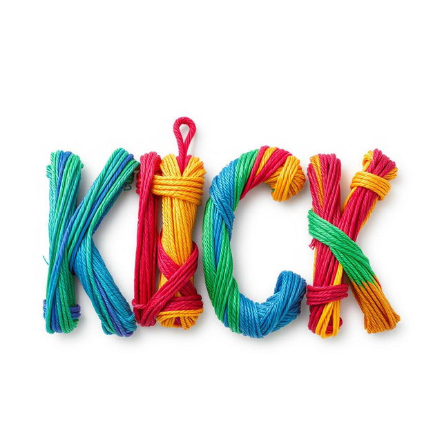 A creative 2D representation of the word 'KICK' crafted entirely from colorful threads