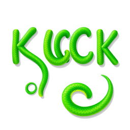 A creative 2D art style representation of the word 'KICK', designed entirely from a vibrant green snake