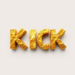 A striking 2D art style depiction of the word 'KICK', crafted from rough, textured gold