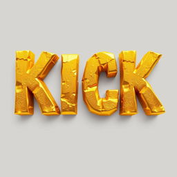 A striking 2D art style depiction of the word 'KICK', crafted from rough, textured gold