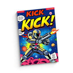 An eye-catching comic book cover featuring a bold 'KICK' title, designed in a vibrant pop art style