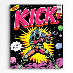 An eye-catching comic book cover featuring a bold 'KICK' title, designed in a vibrant pop art style