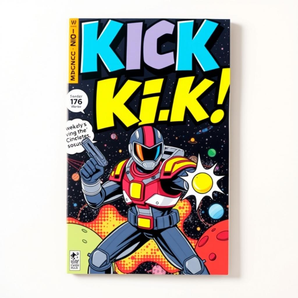 An eye-catching comic book cover featuring a bold 'KICK' title, designed in a vibrant pop art style