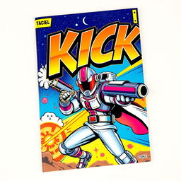 An eye-catching comic book cover featuring a bold 'KICK' title, designed in a vibrant pop art style