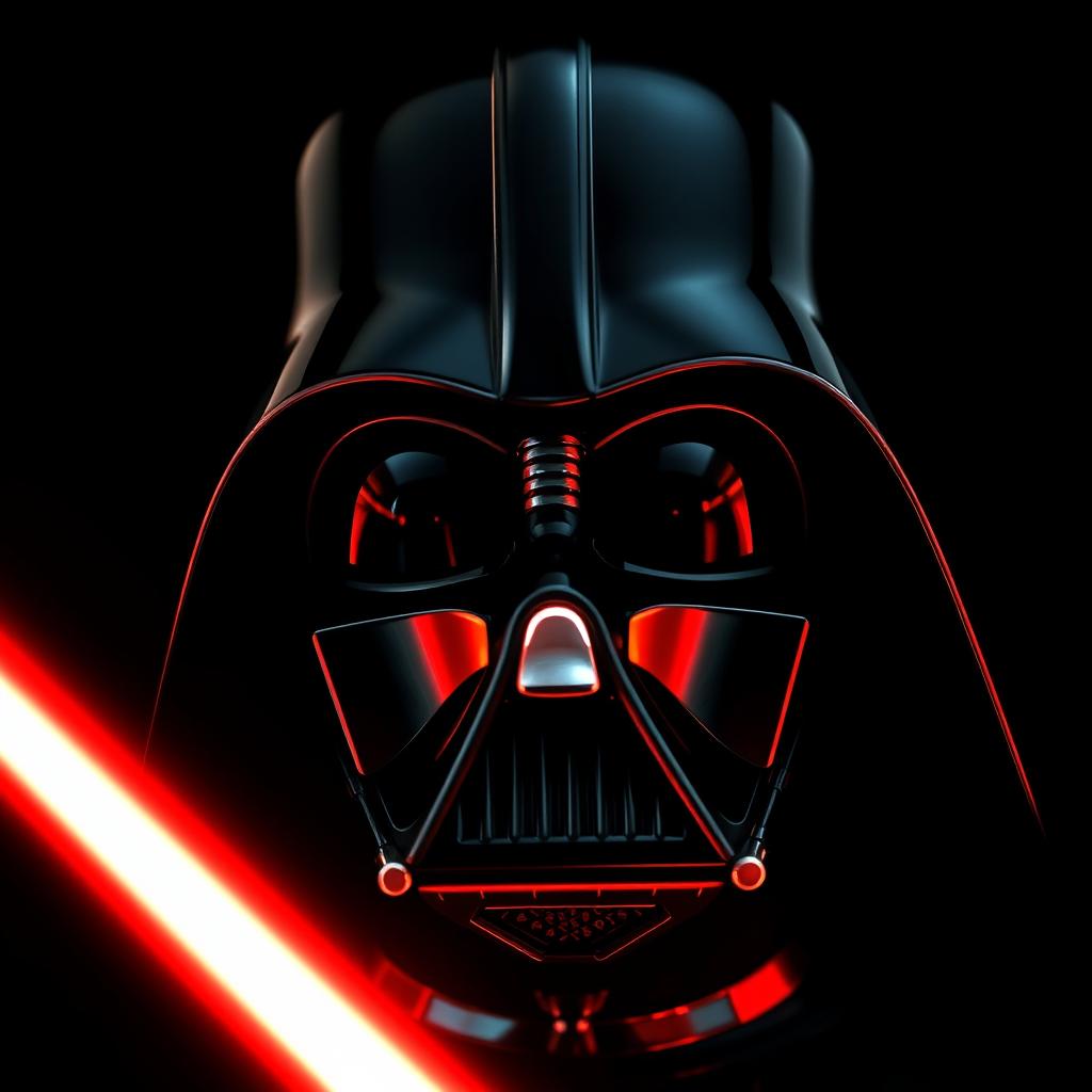 A detailed close-up of Darth Vader's helmet, showcasing the iconic features such as the glossy black surface, intricate design details, and the distinct shape