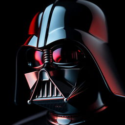 A detailed close-up of Darth Vader's helmet, showcasing the iconic features such as the glossy black surface, intricate design details, and the distinct shape