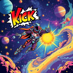 An engaging full view space movie poster featuring a bold 'KICK' title, designed in a vibrant pop art and comic style