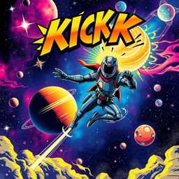 An engaging full view space movie poster featuring a bold 'KICK' title, designed in a vibrant pop art and comic style