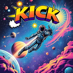 An engaging full view space movie poster featuring a bold 'KICK' title, designed in a vibrant pop art and comic style