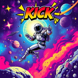 An engaging full view space movie poster featuring a bold 'KICK' title, designed in a vibrant pop art and comic style