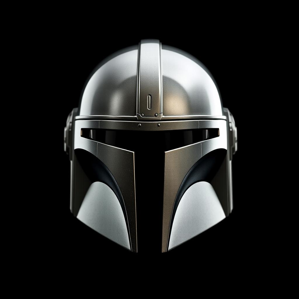 A highly detailed Mandalorian helmet from Star Wars, showcasing its sleek and polished design with distinct markings and features