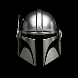 A highly detailed Mandalorian helmet from Star Wars, showcasing its sleek and polished design with distinct markings and features