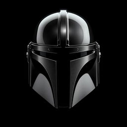 A highly detailed Mandalorian helmet from Star Wars, showcasing its sleek and polished design with distinct markings and features