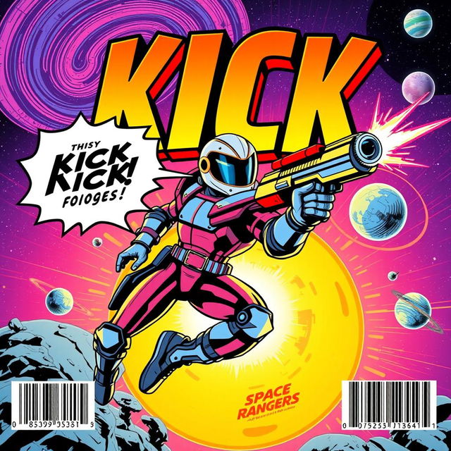 A vibrant full view comic cover featuring a space ranger, prominently displaying the bold 'KICK' title at the top, illustrated in an eye-catching pop art and comic style