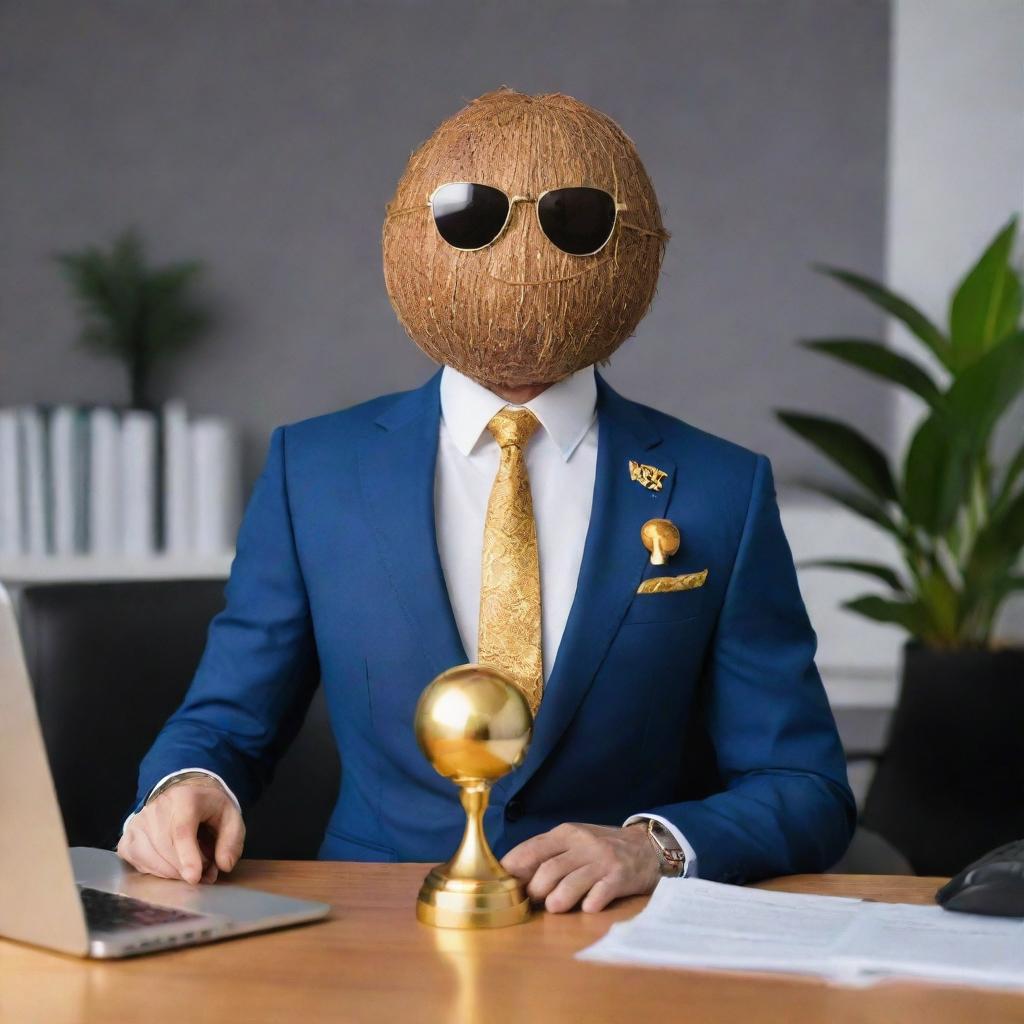 Imagine a coconut personified as the 'CEO of Memes'. It's wearing a sharp suit and holding a golden 'Meme' trophy, surrounded by funny internet references and jokes, set in a lavish office.