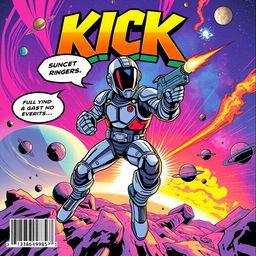 A vibrant full view comic cover featuring a space ranger, prominently displaying the bold 'KICK' title at the top, illustrated in an eye-catching pop art and comic style