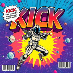 A vibrant full view comic cover featuring a space ranger, prominently displaying the bold 'KICK' title at the top, illustrated in an eye-catching pop art and comic style