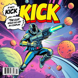 A vibrant full view comic cover featuring a space ranger, prominently displaying the bold 'KICK' title at the top, illustrated in an eye-catching pop art and comic style