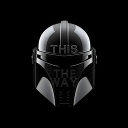 A frontal view of a Mandalorian helmet from Star Wars, presented against a completely black background