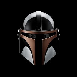 A frontal view of a Mandalorian helmet from Star Wars, presented against a completely black background