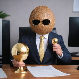 Imagine a coconut personified as the 'CEO of Memes'. It's wearing a sharp suit and holding a golden 'Meme' trophy, surrounded by funny internet references and jokes, set in a lavish office.