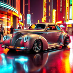 A stunning supercar that fuses a classic 1939 Chevrolet Coupe widebody with a futuristic BMW SUV, designed with sleek, sharp lines and glossy finishes