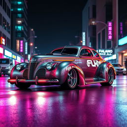 A stunning supercar that fuses a classic 1939 Chevrolet Coupe widebody with a futuristic BMW SUV, designed with sleek, sharp lines and glossy finishes