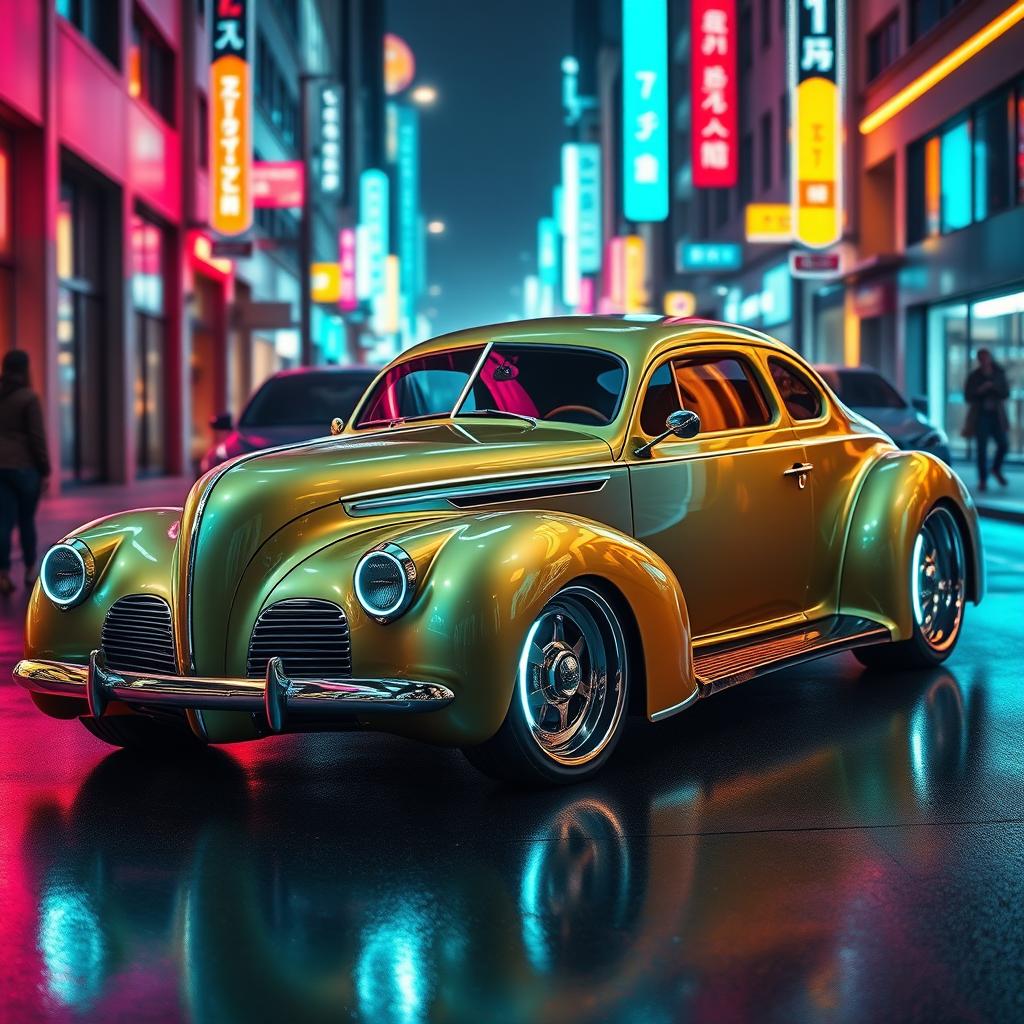 A stunning supercar that fuses a classic 1939 Chevrolet Coupe widebody with a futuristic BMW SUV, designed with sleek, sharp lines and glossy finishes