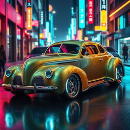 A stunning supercar that fuses a classic 1939 Chevrolet Coupe widebody with a futuristic BMW SUV, designed with sleek, sharp lines and glossy finishes