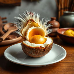 A freshly cooked Balut with the egg cracked open, showcasing the semi-developed duck embryo inside