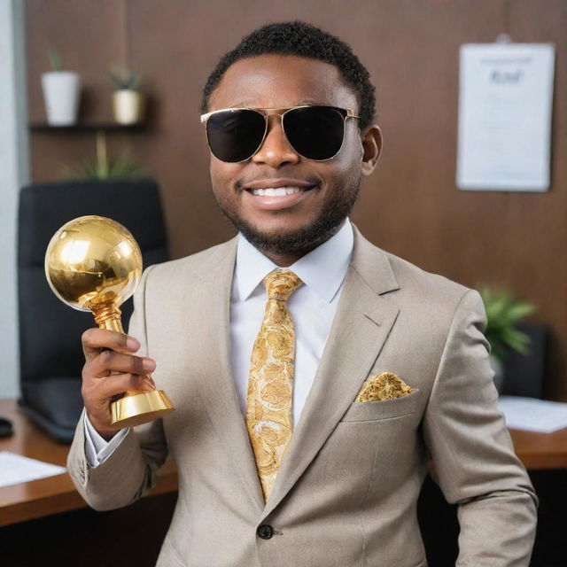 Imagine a coconut personified as the 'CEO of Memes'. It's wearing a sharp suit and holding a golden 'Meme' trophy, surrounded by funny internet references and jokes, set in a lavish office.