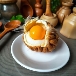 A freshly cooked Balut with the egg cracked open, showcasing the semi-developed duck embryo inside