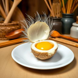 A freshly cooked Balut with the egg cracked open, showcasing the semi-developed duck embryo inside