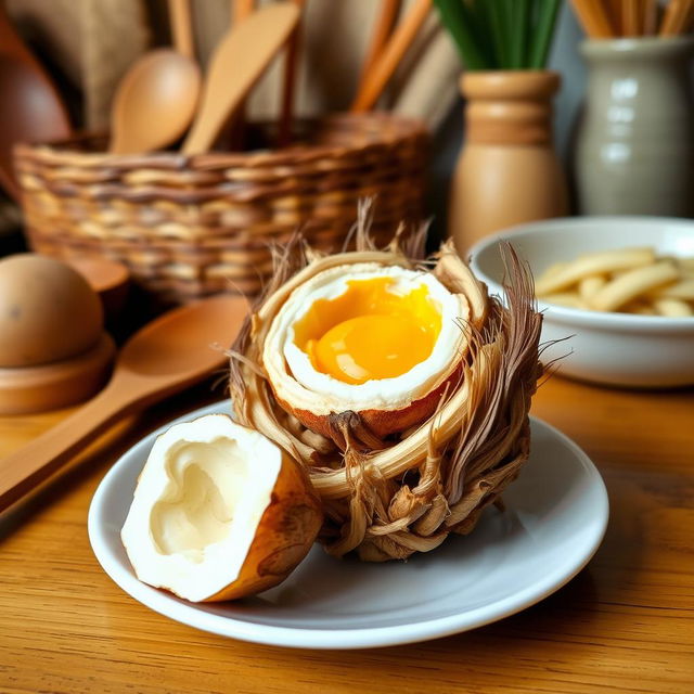 A freshly cooked Balut with the egg cracked open, showcasing the semi-developed duck embryo inside