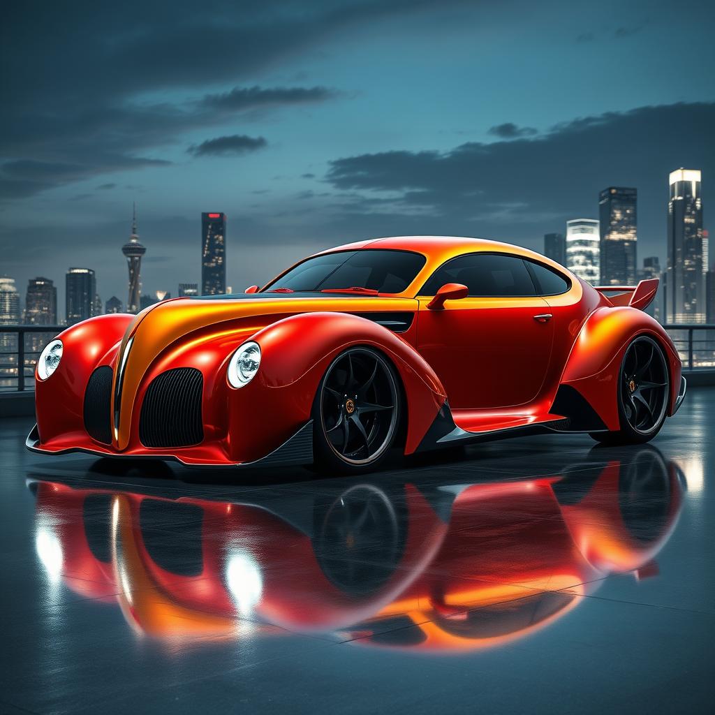 An exotic supercar that seamlessly combines the vintage appeal of a 1939 Chevrolet Coupe widebody with the innovative design of a futuristic BMW SUV