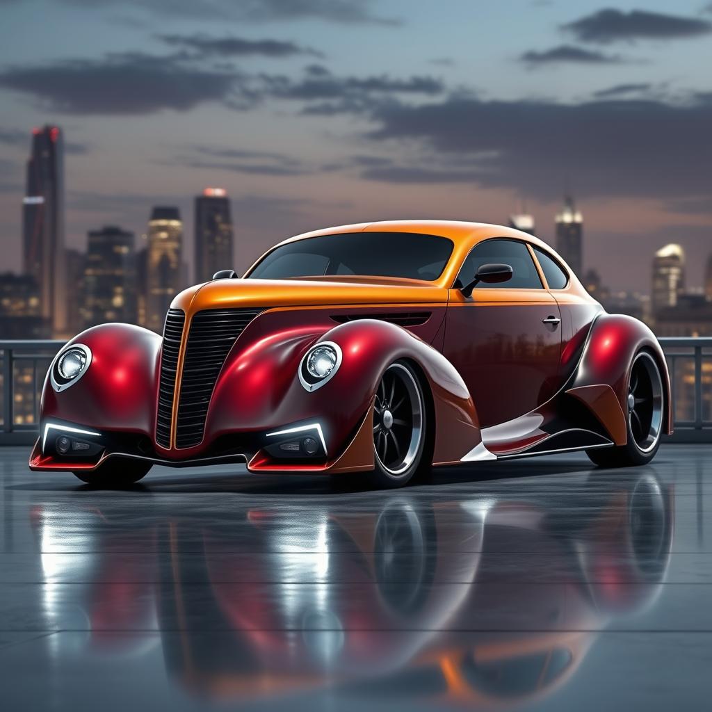 An exotic supercar that seamlessly combines the vintage appeal of a 1939 Chevrolet Coupe widebody with the innovative design of a futuristic BMW SUV