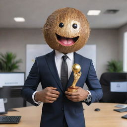 Imagine a coconut personified as the 'CEO of Memes'. It's wearing a sharp suit and holding a golden 'Meme' trophy, surrounded by funny internet references and jokes, set in a lavish office.