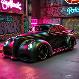 An exotic supercar that creatively fuses the vintage 1939 Chevrolet Coupe widebody with the edgy, futuristic aesthetic of a punk-styled BMW SUV