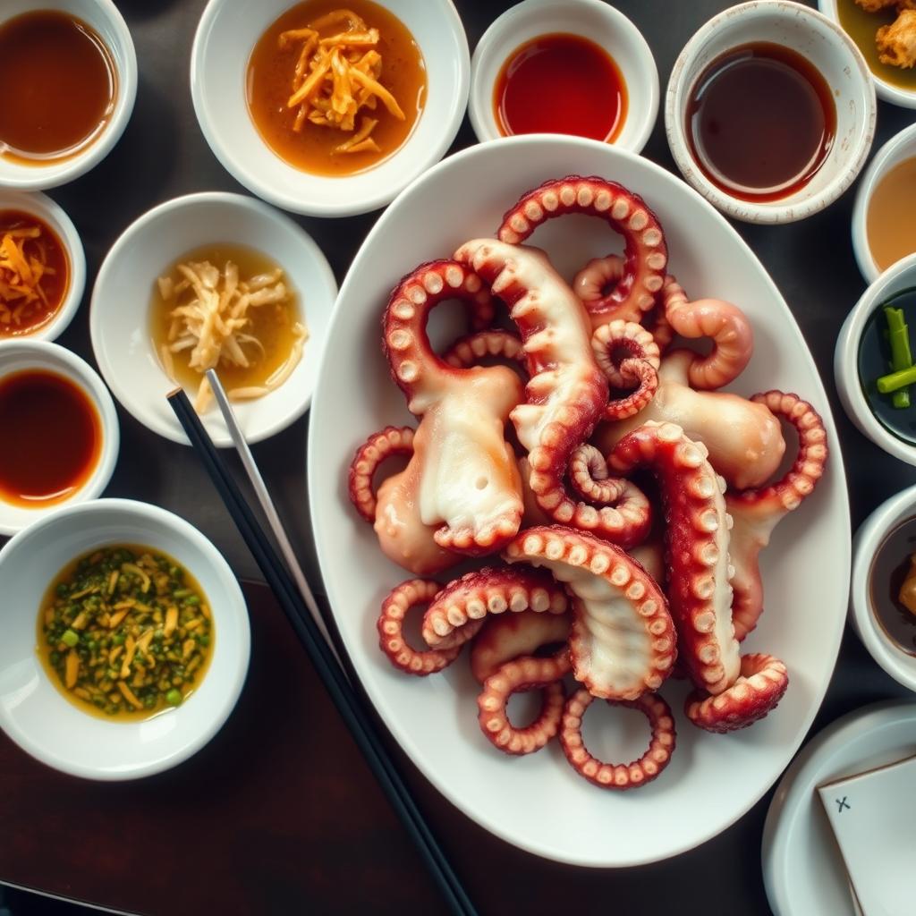 An overhead view of Sannakji, featuring freshly cut pieces of live octopus still moving on a white plate